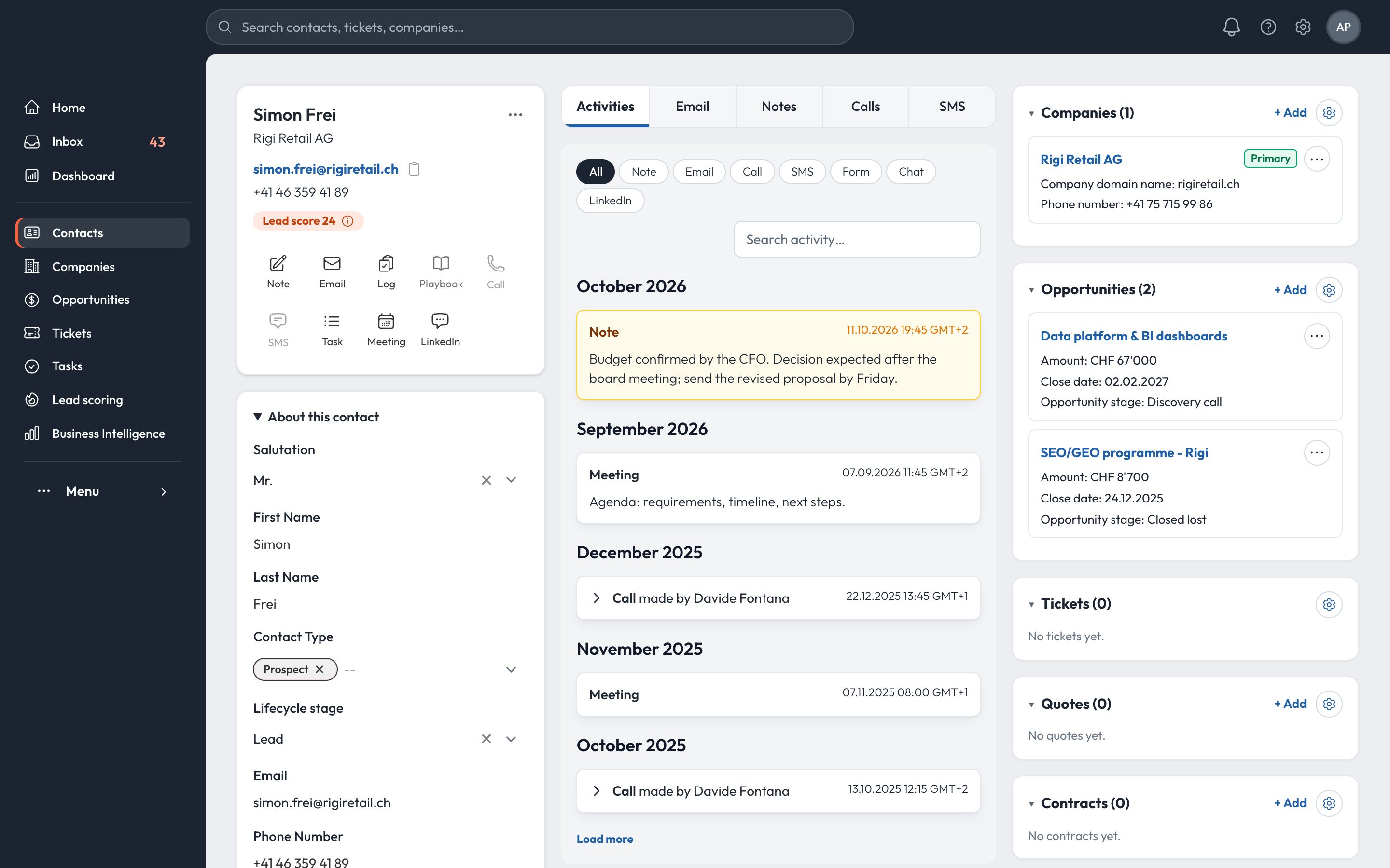 Contact record with activity timeline