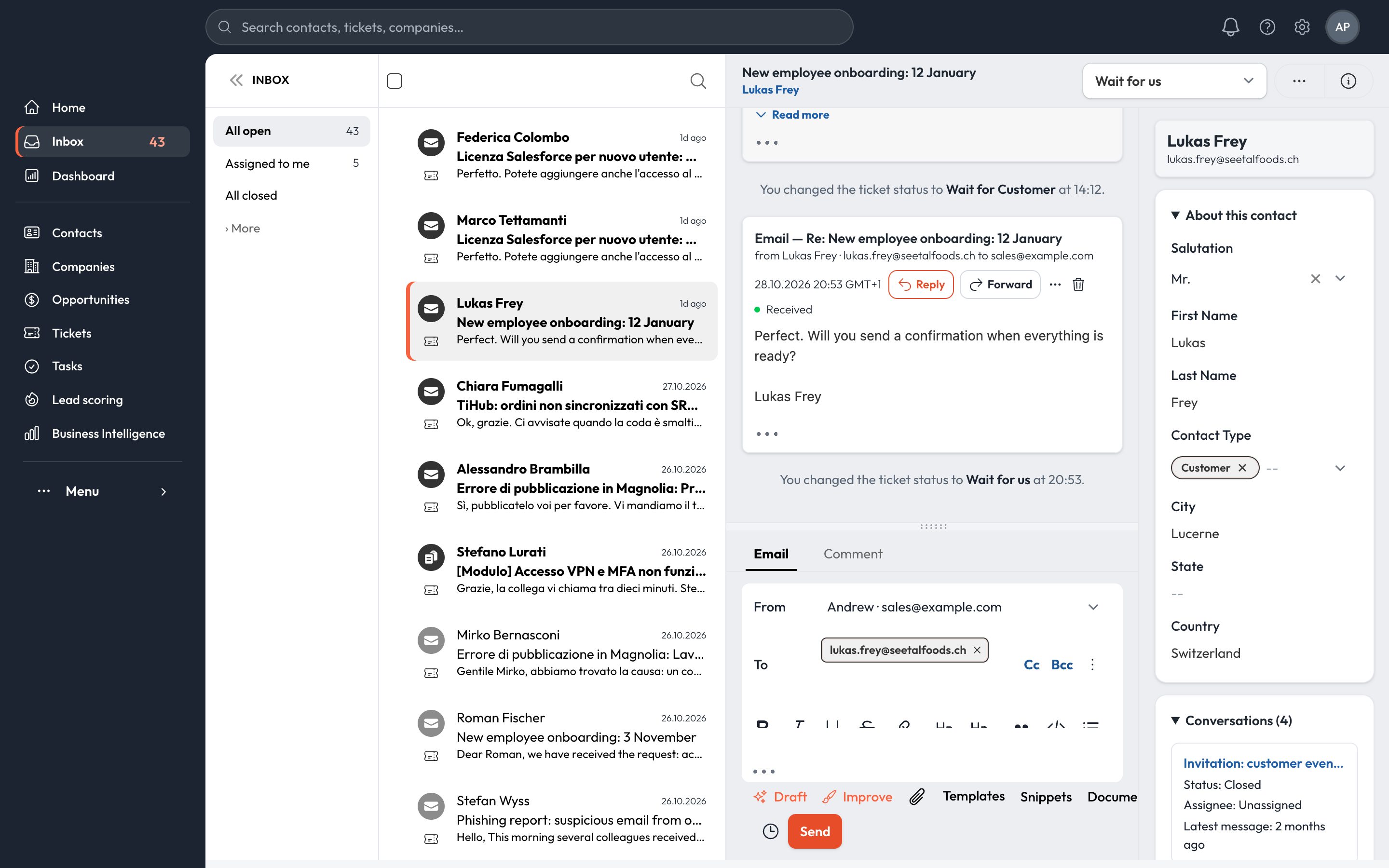 Shared inbox with a conversation and the contact panel