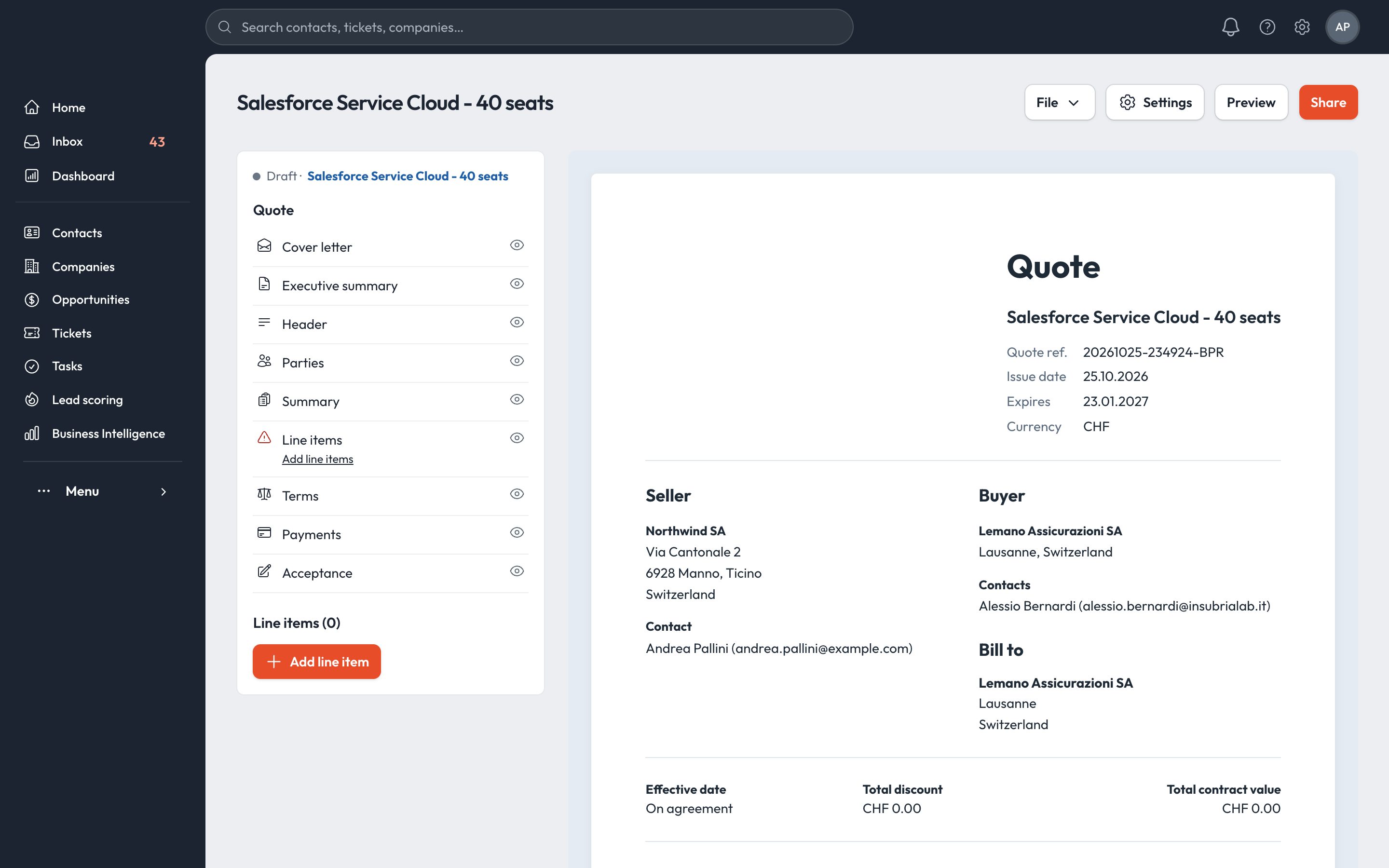 Quote editor with sections and preview