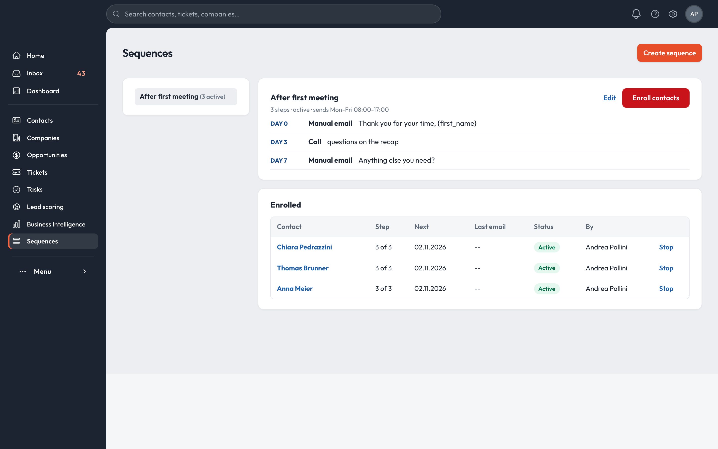 Sequence steps and enrolled contacts