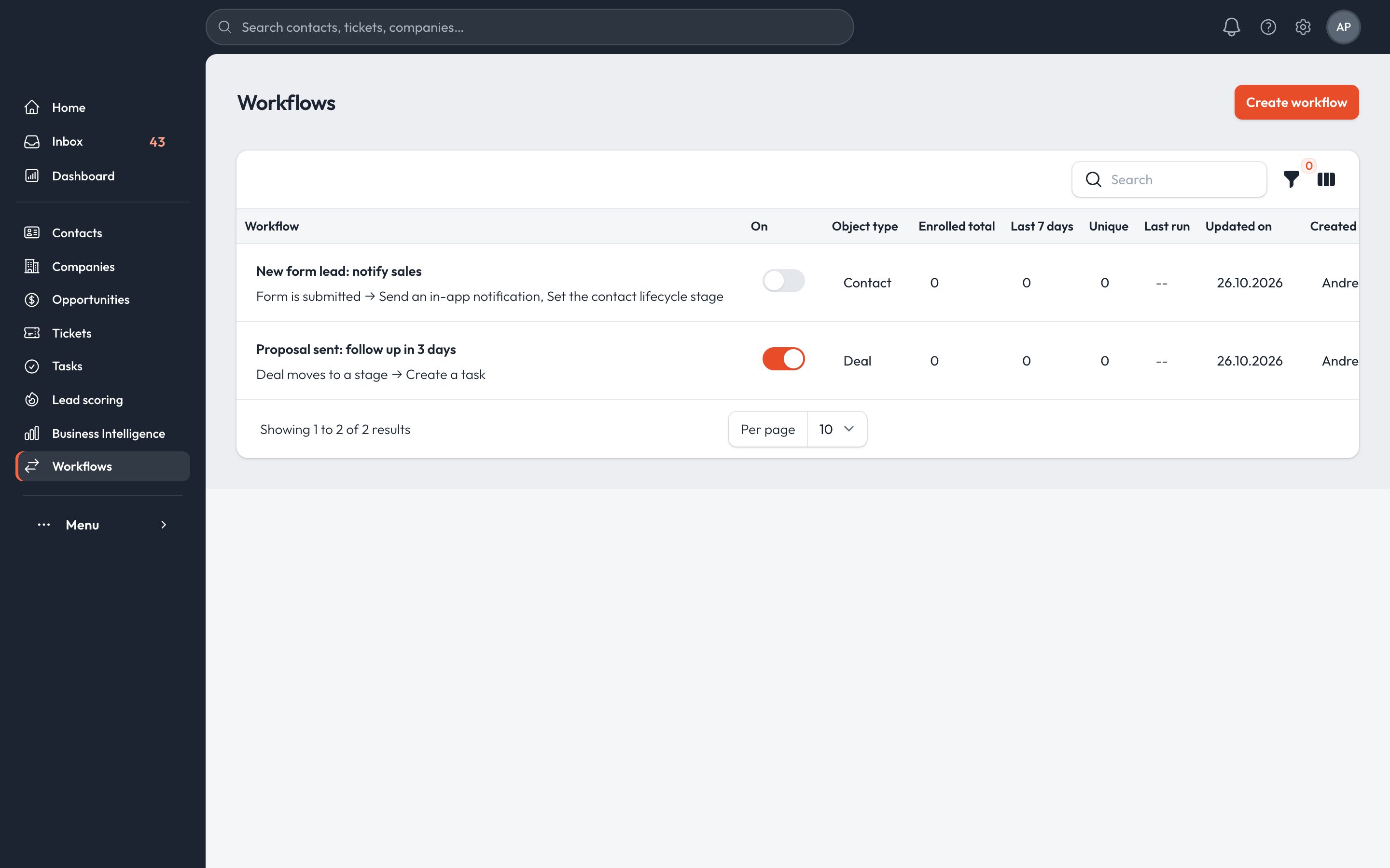 Workflows list